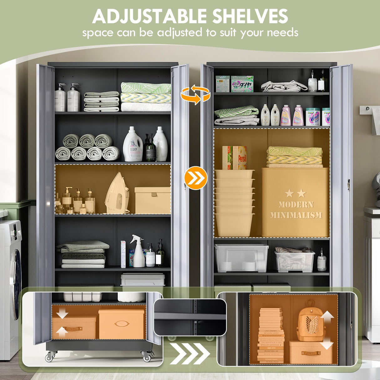 RAVIGIN Metal Garage Storage Cabinet with Wheels, 73" H Locking Tool Cabinet with 2 Doors and 4 Shelves, Tall Steel Cabinet for Garage, Heavy Duty File Cabinet for Office, School (Black Grey) RAVIGIN