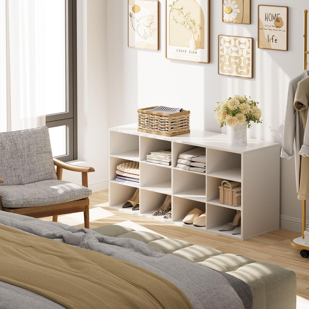 Garden 4 you Shoe Storage Bench, Cubby Shoe Rack with 12 Cubbies, 3-Tier Wood Shoe Rack Organizer, Shoe Organizer Cabinet for Entryway, Hallway, Closet and Garage, White Garden 4 you