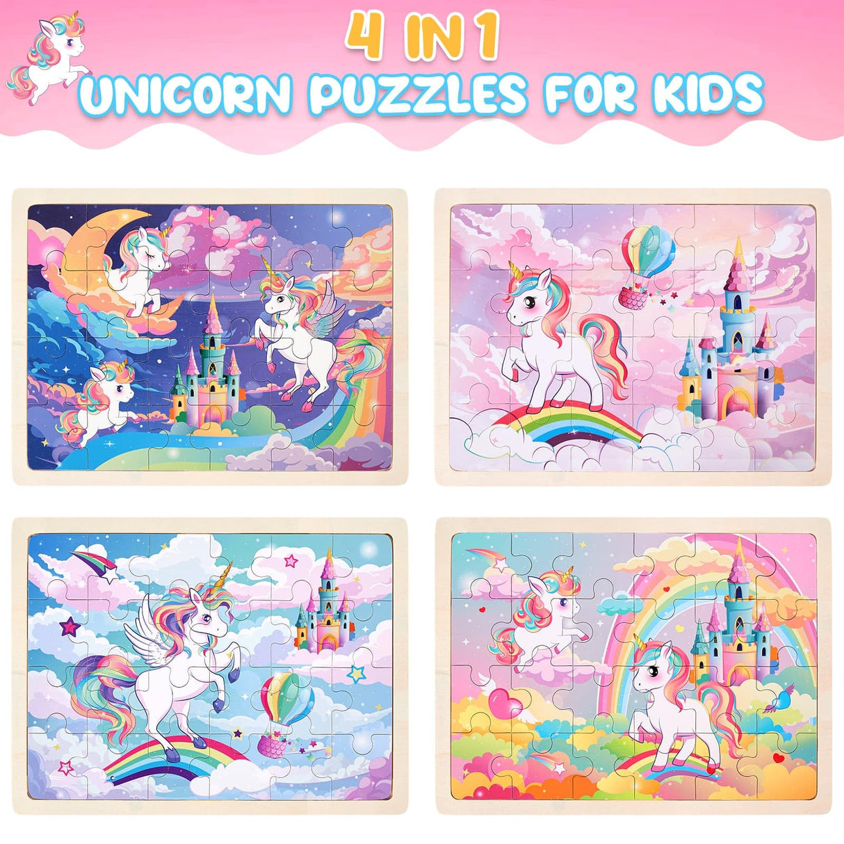 WERNNSAI Unicorn Wooden Jigsaw Puzzles - 4 Pack of 24 Piece Unicorn Princess Wooden Puzzles Preschool Educational Brain Teaser Boards Toddlers Toys Gifts for 3 4 5 6 Year Old Kids Birthday Toys Gifts WERNNSAI