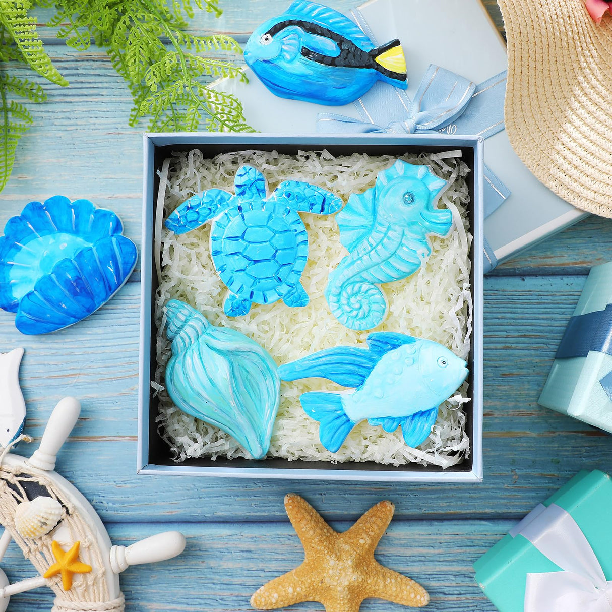 WinnerWhy 24 Pcs Summer Beach DIY Painting Ceramic Kit for Kids Paint Your Own Ceramic Unpainted Plaster Figurines with Tools for Kids Adults Home School Activity Party Favor(Ocean) WinnerWhy