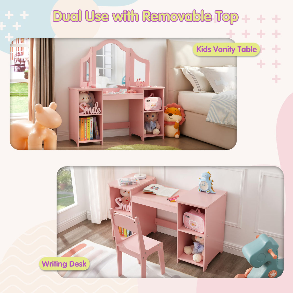 Kovhzcu 2 in 1 Kids Vanity Set, Princess Makeup Vanity Storage Cabinet with Detachable Top, Girls Vanity Set with Tri-fold Mirror, Kids Vanity Set with Mirror Age 3-9 (Pink with Chair) Kovhzcu