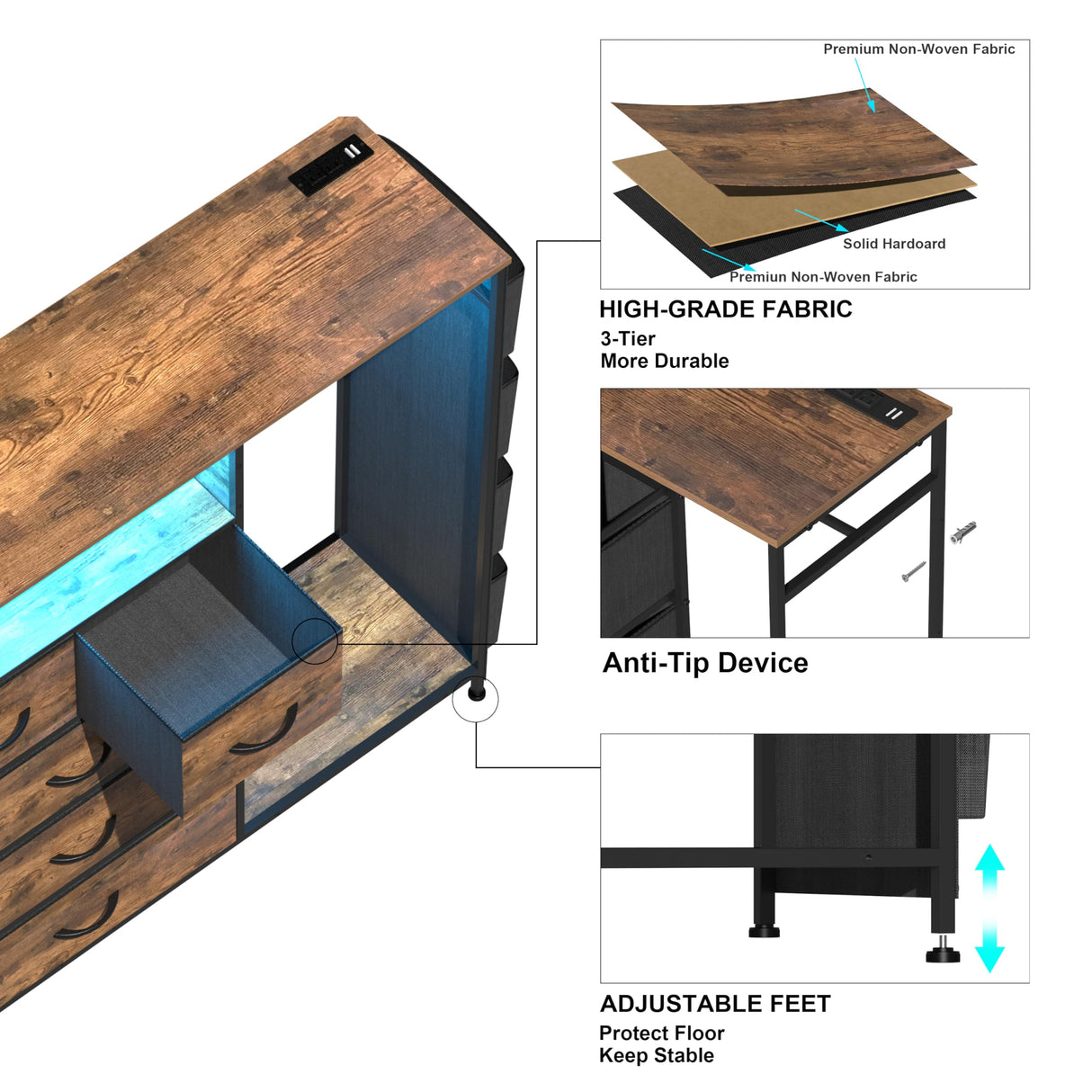 Espelism Dresser for Bedroom with Clothes Rack & Side Pockets 5 Drawer Dresser with Charging Station & LED Lights Black Storage Chest of Drawers for Hallway Closet Sturdy Steel Frame Wood Top (Brown) Espelism
