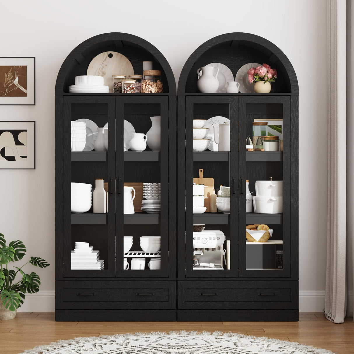 75" Tall Arched Kitchen Pantry Cabinet w Load-Bearing Steel Pipe,Modern Farmhouse Kitchens Storage Cabinet with Drawer and Glass Doors,Tall Arched Bookcase,Pantry Organizer(Woodgrain Black) chartustriable