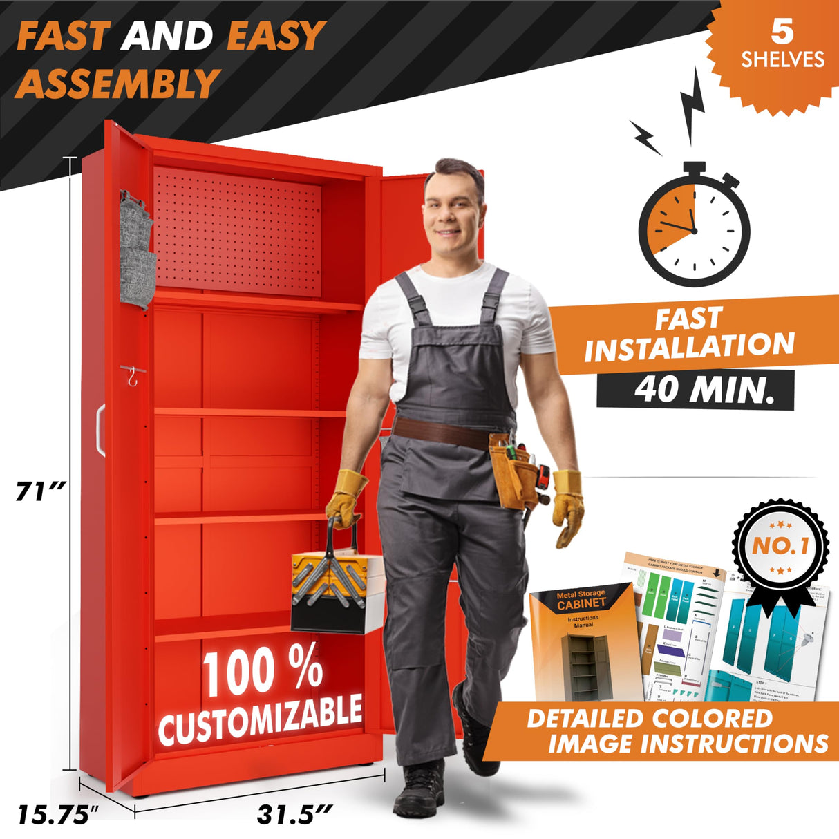 METALTIGER Metal Storage Cabinet with Digital Lock | Garage Storage Cabinet | Pegboard | 71" Lockable Tool Cabinet | Locking Cabinets (Red) METALTIGER