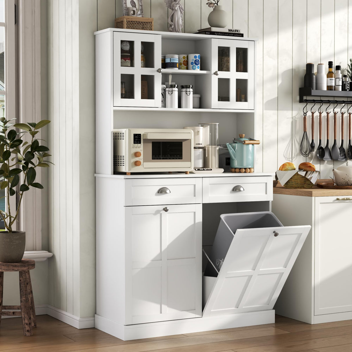 Double Tilt Out Trash Can Cabinet, 68" Tall Kitchen Pantry Storage Cabinet with 2 Drawers & Hutch & Microwave Coffee Stand, Freestanding 20 Gallon Trash Recycling Cabinet, Hidden Garbage Can Cabinet Auromie
