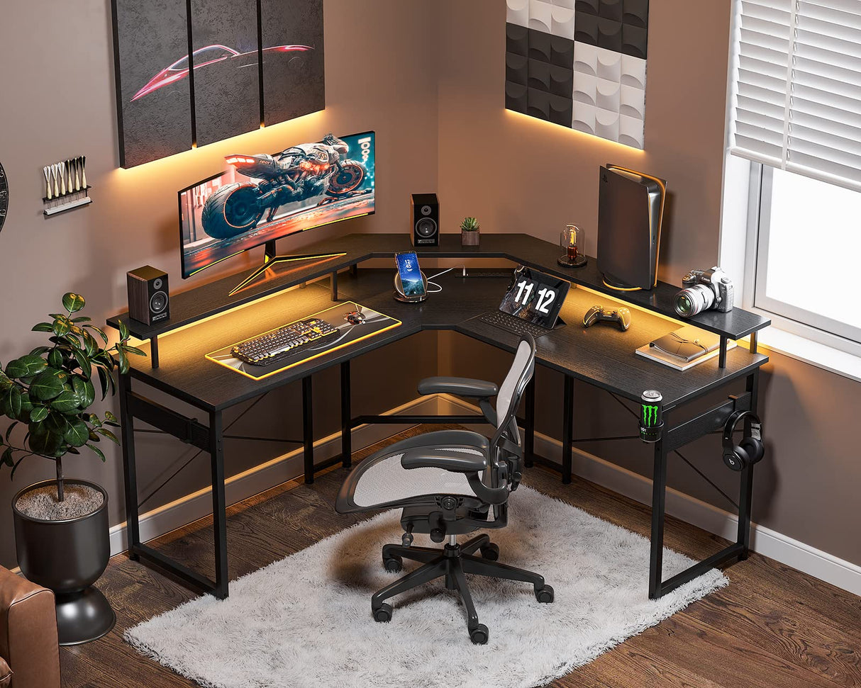 ODK L Shaped Gaming Desk with LED Lights & Power Outlets, 51" Computer Desk with Full Monitor Stand, Corner Desk with Cup Holder, Gaming Table with Hooks, Black ODK