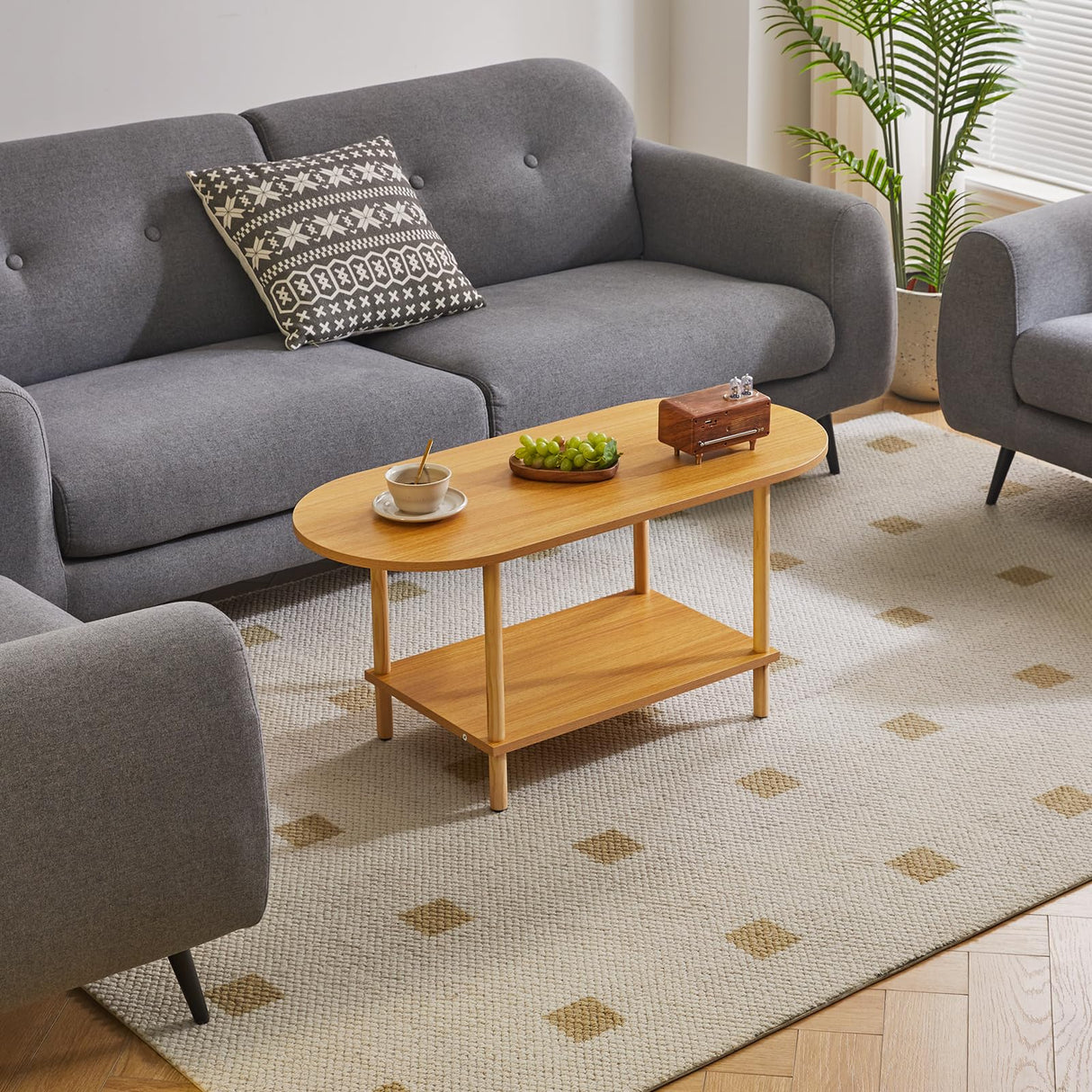 Aibiju Wooden Tea Table Small Coffee Table, 2 Tier Coffee Table for Living Room, 35x16x17inch TV Table Stand with Storage Shelf Natural Wood Color YD-012N Aibiju