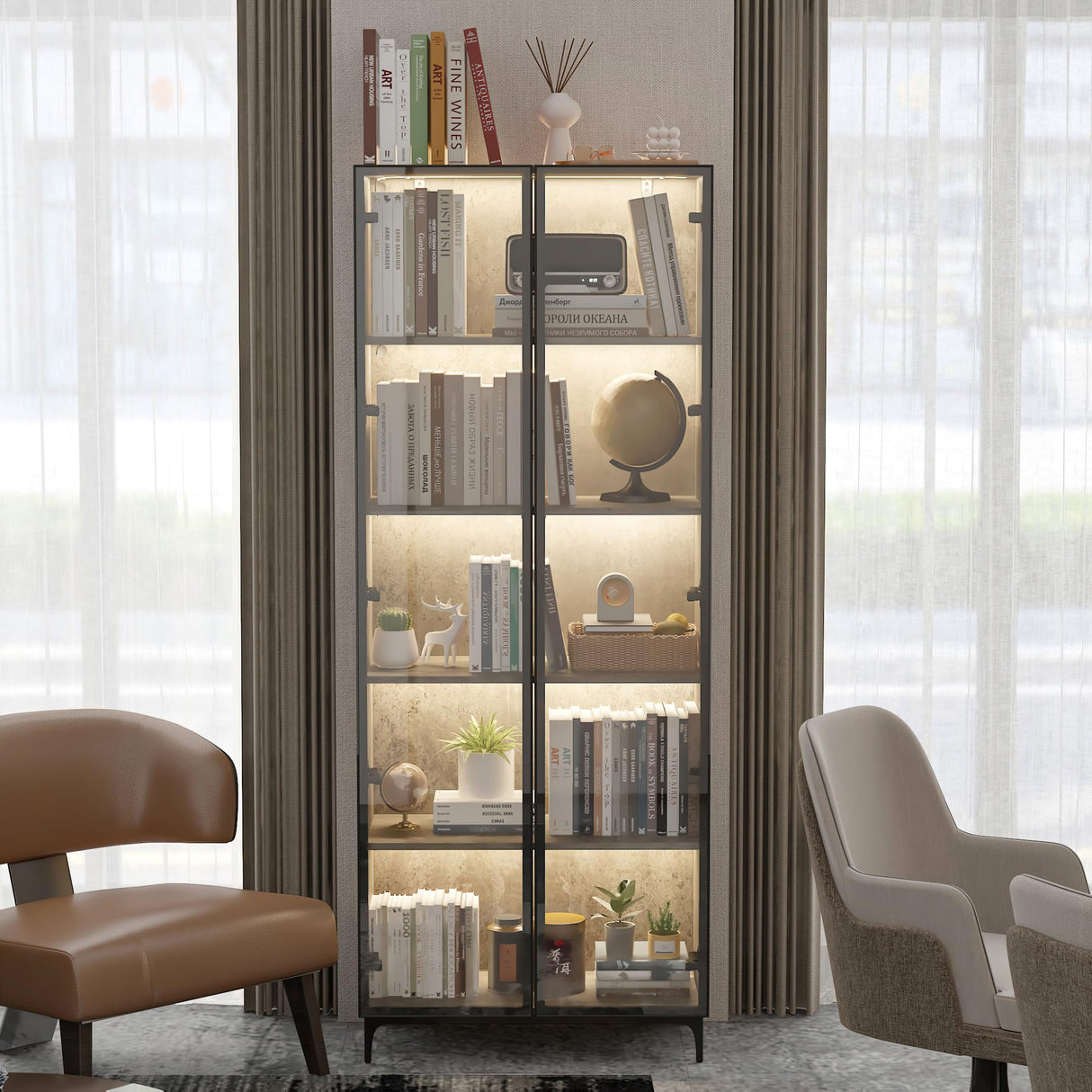 ECACAD 5 Tier Glass Display Cabinet with Light, Storage Curio Cabinet with Pop-up Glass Doors, Collectors Figure Organizers Wine Rack Bookcase for Living Room/Home Office/Dining Room, Rustic Grey ECACAD