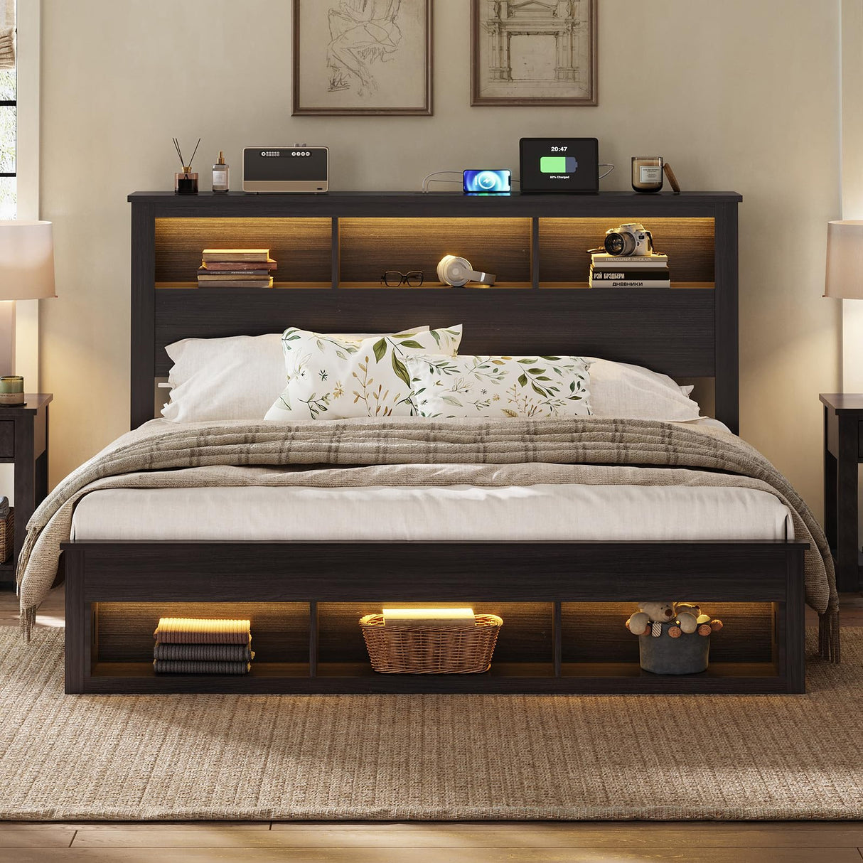 Albott King Size Farmhouse Bed Frame with Storage Bookcase Headboard and Footboard, Storage Wood Platform Bed Frame with Wood Slats Support, Noiseless LED Bed Frame, No Box Spring Needed, Black Albott