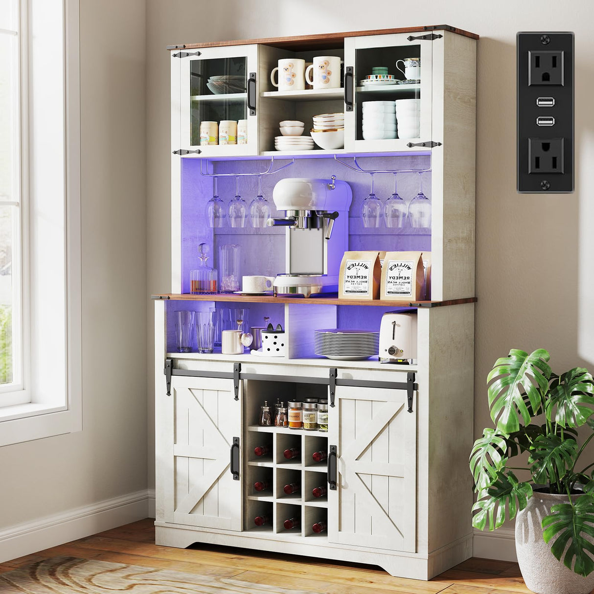 GlouMod Farmhouse Coffee Bar Cabinet with Sliding Barn Door, 70" Tall Kitchen Hutch China Cabinet w/Wine Rack, Power Outlet & Lighting, Liquor bar Station Food Pantry Storage Cabinet for Home, White GlouMod