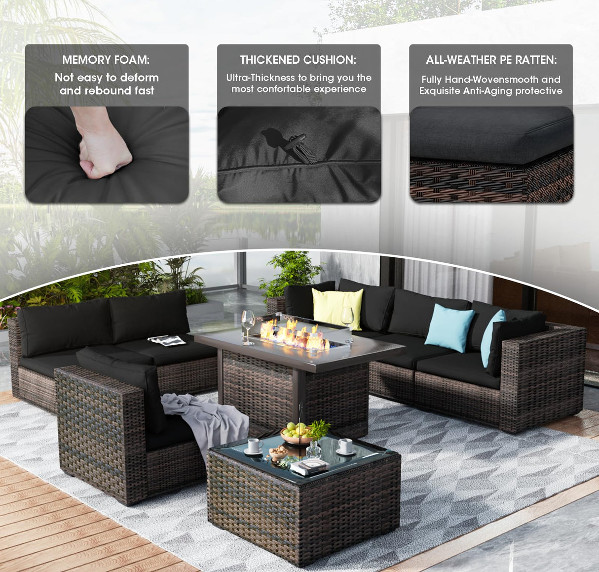 GREZJXC 8 Pieces Outdoor Sectional Patio Furniture Set with Fire Pit Table,PE Rattan Wicker Patio Sectional Conversation Set with Cushions and Glass Coffee Table Black GREZJXC