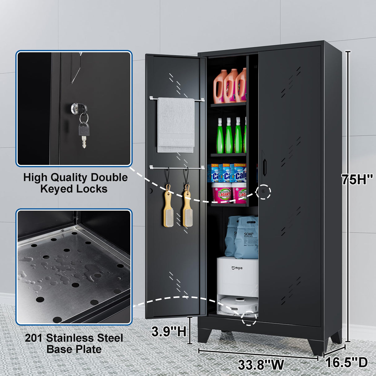 LyAosdFu Storage Cabinet, 75"H x 33.8"W x 16.5"D, Large Garage Cabinets with Lockable Doors, Metal Kitchen Pantry with Large Space at The Bottom, Utility Closet Ideal for Laundry Room, Bathroom,Office LyAosdFu