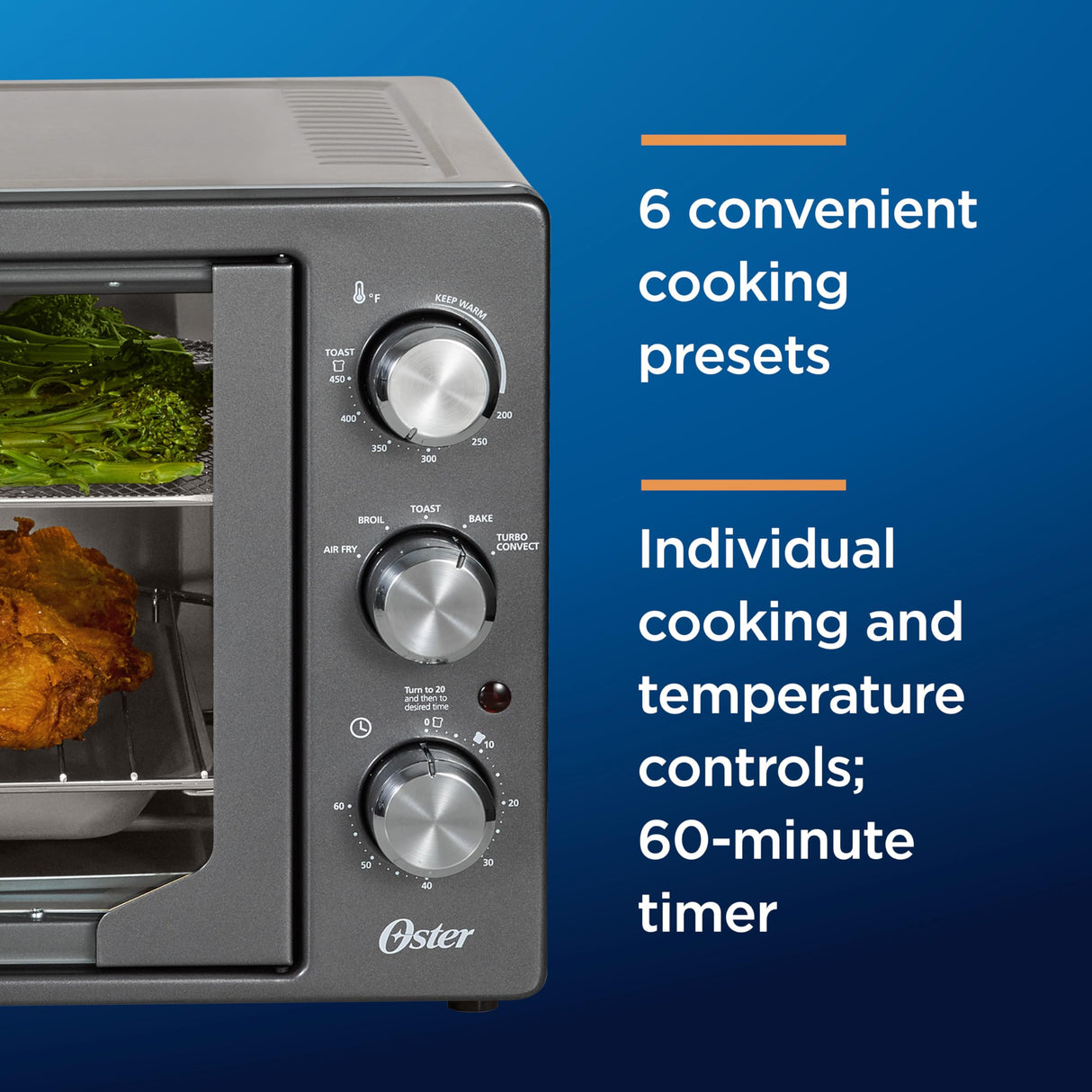 Oster Extra-Large French Door Air Fryer Countertop Oven, Stainless Steel, 60-Min Timer, 6 Cooking Functions, Versatile Accessories, Reduces Energy and Cooking Time Oster