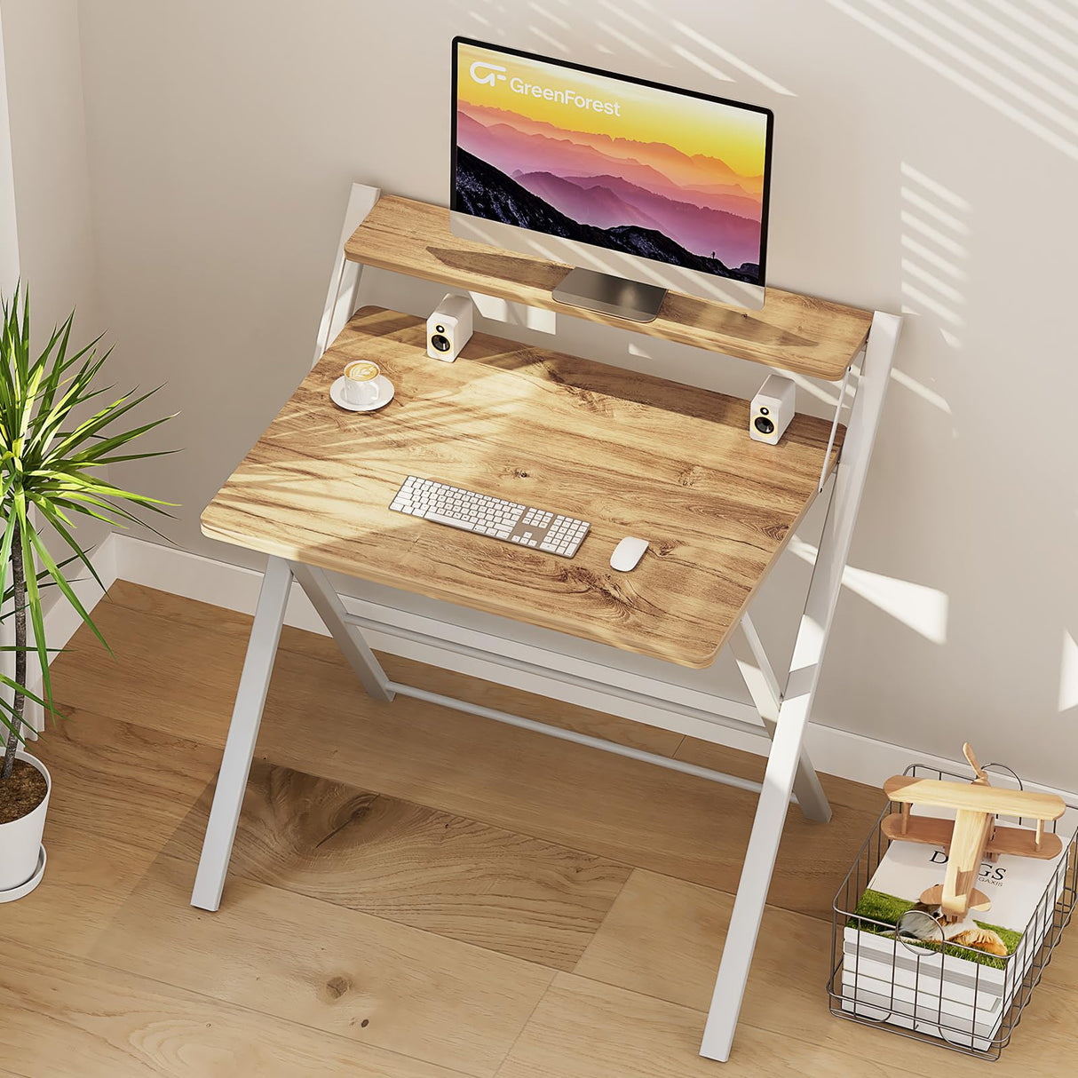 GreenForest Folding Desk No Assembly Required Small Size, 2-Tier Foldable Computer Desk with Shelf for Home Office, Space Saving Portable Laptop Study Foldable Table for Small Spaces, Oak GreenForest