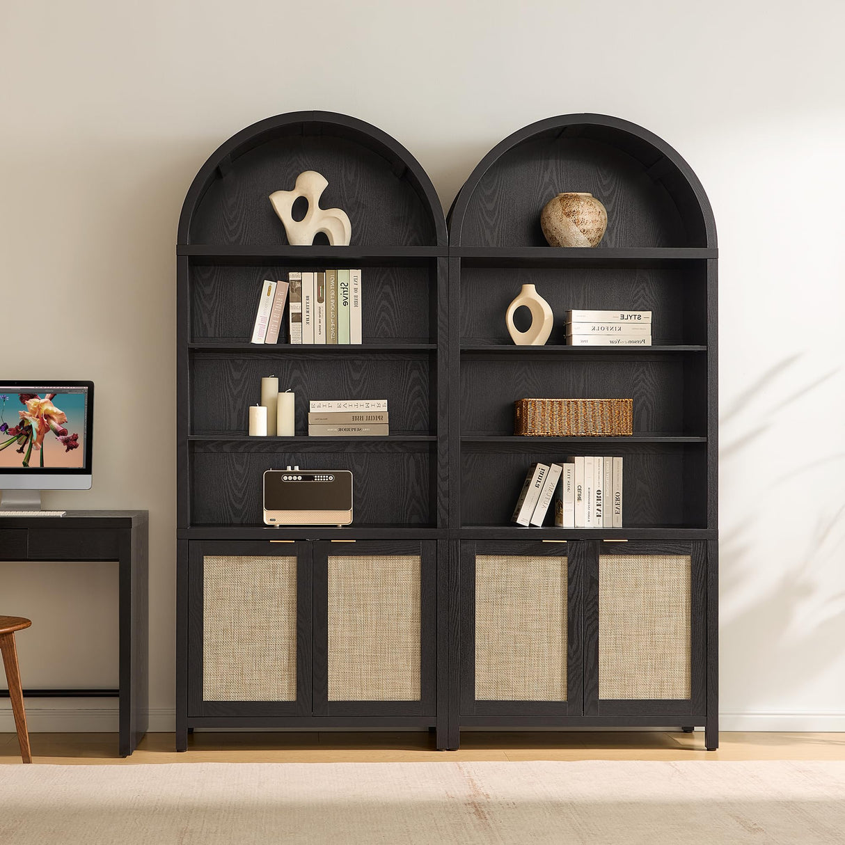 SICOTAS Book Shelf Arched Cabinet Bookshelf Arch 84.2" Tall Bookcase 5 Tier Large Bookshelves with Doors Storage Rattan Boho Wide Book Shelves Case for Living Room Kitchen Office Bedroom Library SICOTAS