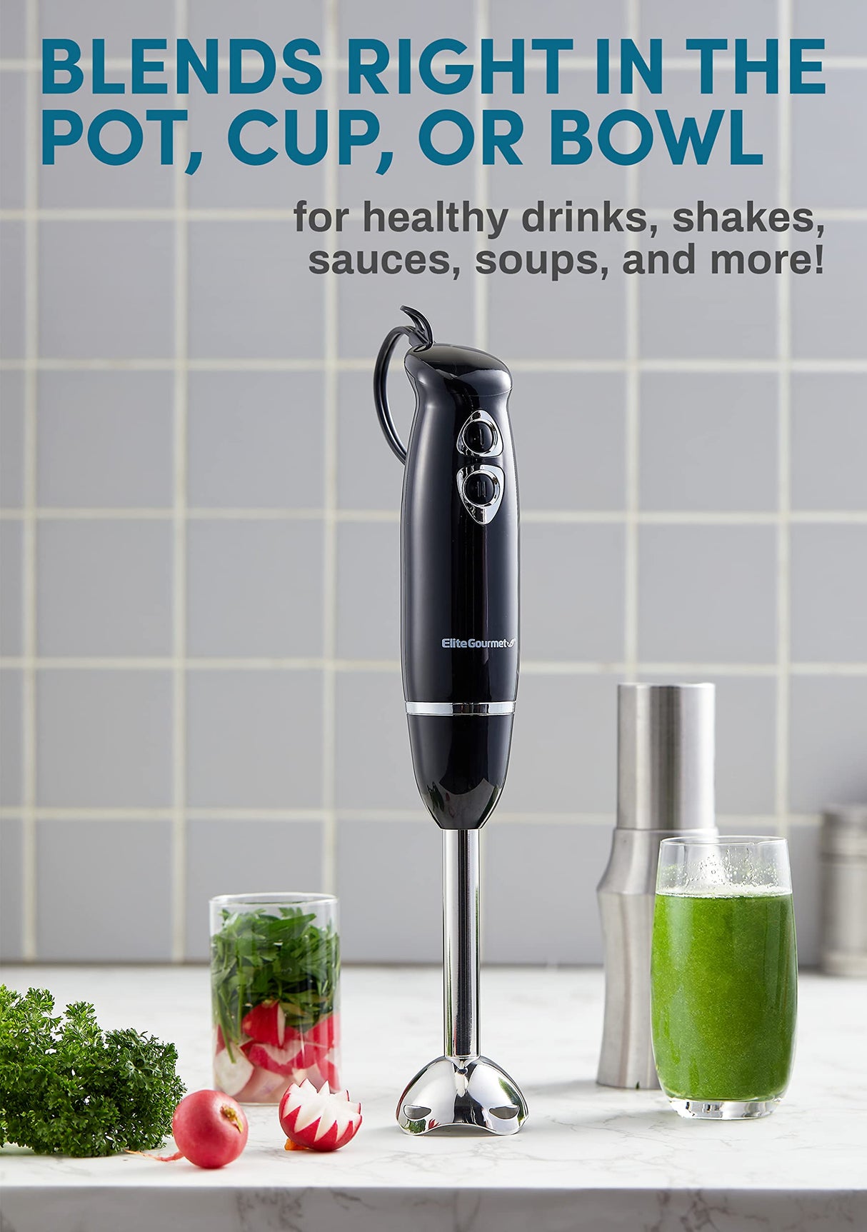 Elite Gourmet EHB1015 Immersion Hand Blender 500 Watts 2 Speed Mixing with Stainless Steel Blades, Detachable Wand Stick Mixer, Smoothies, Baby Food, Soup, Black Elite Gourmet