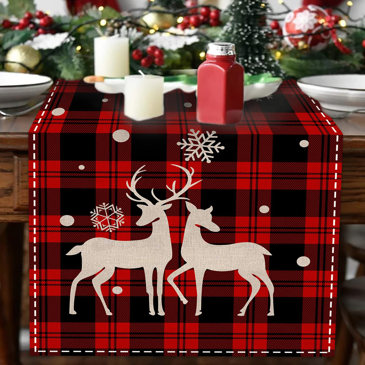 Buffalo Plaid Christmas Table Runner 13" x 72" Long Linen Xmas Reindeer Table Runner Christmas Decoration, Joy Apatsp