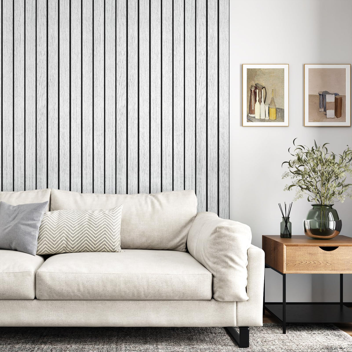 STICKEEP White/Grey 3D Wood Slat Panels for Walls Peel and Stick PVC Slat Wall Paneling Soundproof Self Adhesive Faux Wooden Slatted Panel for Wall Decor Interior Living Room Bedroom 120"x 12" STICKEEP