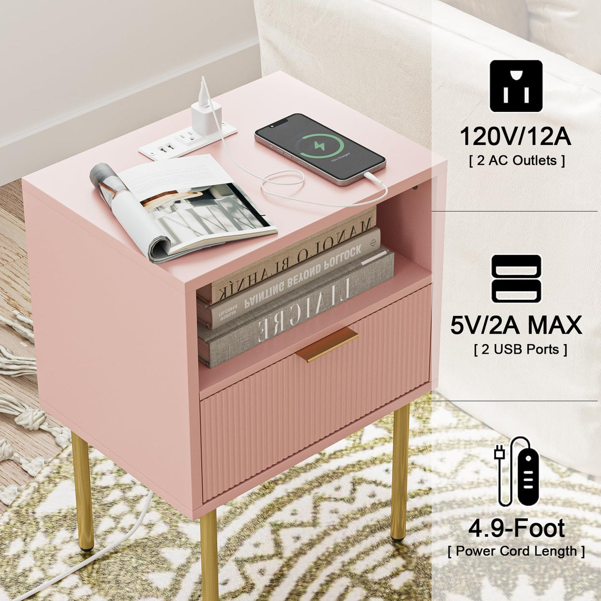 Masupu Nightstand with Charging Station,Mid-Century Modern Bedside Table with Storage Drawer and Open Wood Shelf,Small Gold Frame Side Table for Bedroom,Living Room (Pink) Masupu
