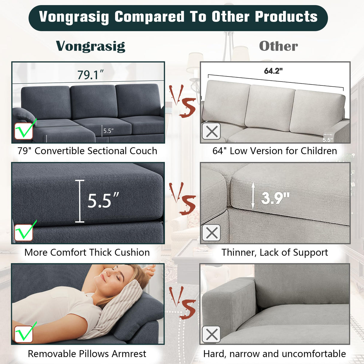 Vongrasig 79" Convertible Sectional Sofa Couch, 3 Seat L Shaped Sofa with Removable Pillows Linen Fabric Small Couch Mid Century for Living Room, Apartment and Office (Gray) Vongrasig