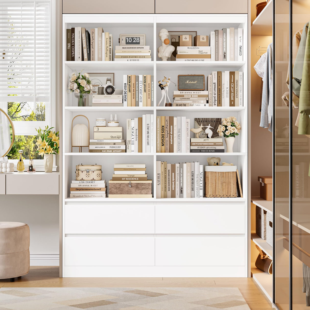 FINETONES 71" White Bookshelf with Drawers, 47.3" Double Wide Bookshelves and Bookcases with Storage, Tall Bookshelf Large Open Book Shelf Standing Book Case for Home Office, White FINETONES