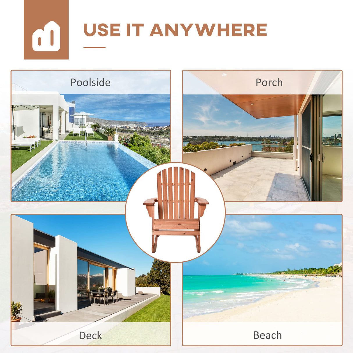 Outsunny Wooden Adirondack Rocking Chair Outdoor Lounge Chair Fire Pit Seating with Slatted Wooden Design, Fanned Back, & Classic Rustic Style for Patio, Backyard, Garden, Lawn, Teak Outsunny