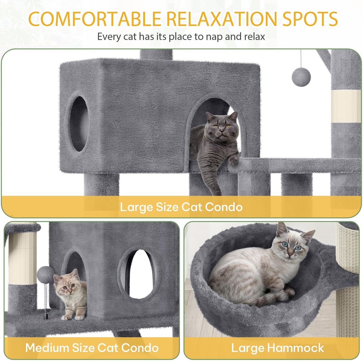 Meowloday 74" Cat Tree for Self-Cleaning Litter Box, Tall Cat Tree Tower with Scratching Posts Condos Hammocks Dangling Balls, Kittens Tower Furniture for Large Automatic Litter Box, Grey Meowloday