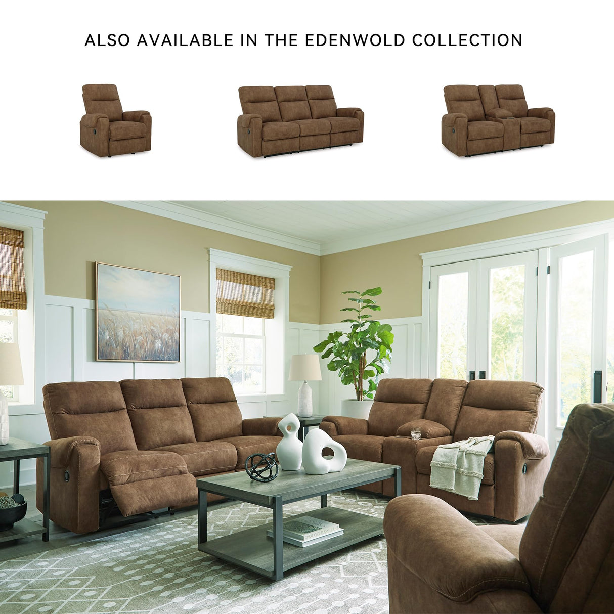 Signature Design by Ashley Edenwold Contemporary Faux Leather Manual Reclining Loveseat with Console, Storage and Cup Holders, Dark Brown Signature Design by Ashley