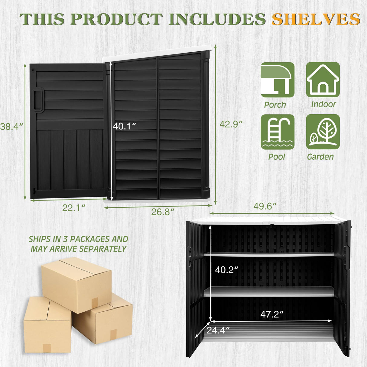 Greesum Outdoor Resin Storage Shed, 34 Cu.ft Horizontal Outdoor Storage Box Waterproof for Garden, Pool Storage, Black Greesum