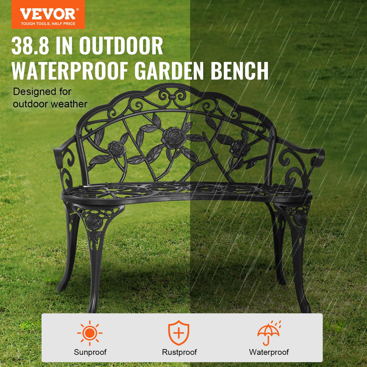 VEVOR Outdoor Bench, 480 lbs Load Capacity Bench, 38.8 inches Metal Garden Bench for Outdoors,Outdoor Garden Park Bench with Backrest and Armrests, Patio Bench for Garden, Park, Yard, Front Porch VEVOR