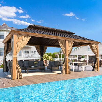 MELLCOM 12' X 20' Hardtop Gazebo, Wooden Finish Coated Aluminum Frame Gazebo with Galvanized Steel Double Roof, Brown Metal Gazebo with Curtains and