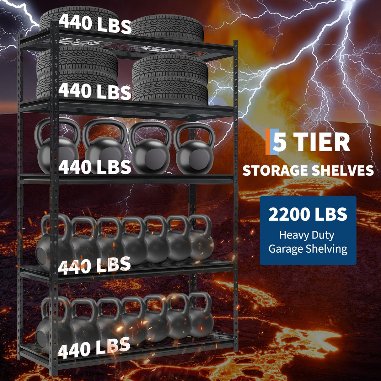 COOLYI 71" H/47 W/18 D Garage Shelving Heavy Duty, 2200LBS Garage Storage Shelves, 5-Tier Adjustable Metal Storage Rack for Industries, Warehouses, Basement COOLYI