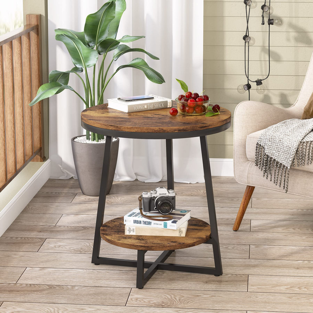Tribesigns End Table, 2 Tier Round Side Table with Storage Shelf, Industrial Nightstand Bedside Table Coffee Accent Table for Living Room Bedroom Small Space, Rustic Brown Tribesigns