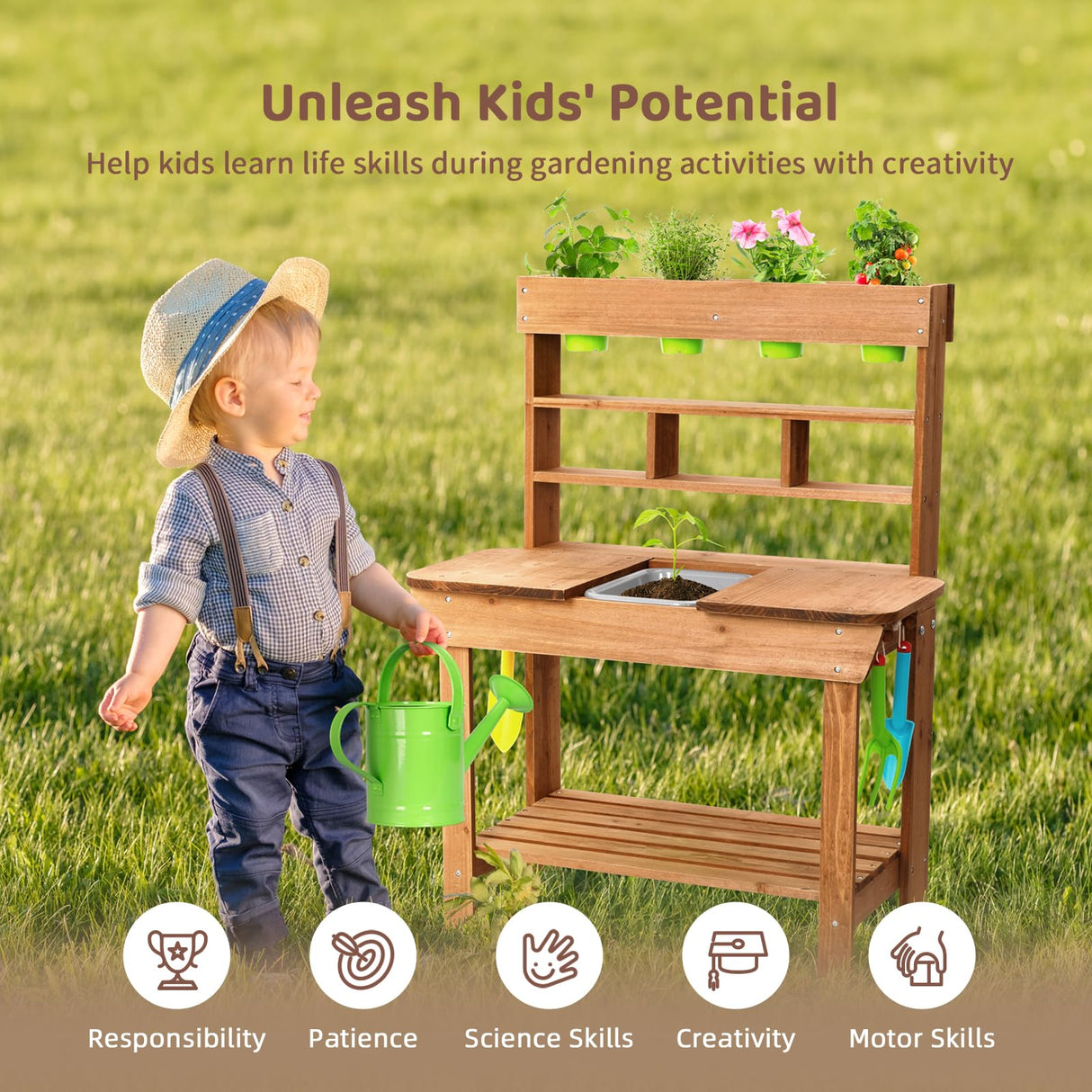 OOOK Potting Bench with Removable Sink, Potting Benches for Outside, Mud Kitchen for Kids Outdoor with Gardening Tools, Watering Can, Flower Pot, Ideal Gift for Boys and Girls 3+, Solid Fir Wood OOOK