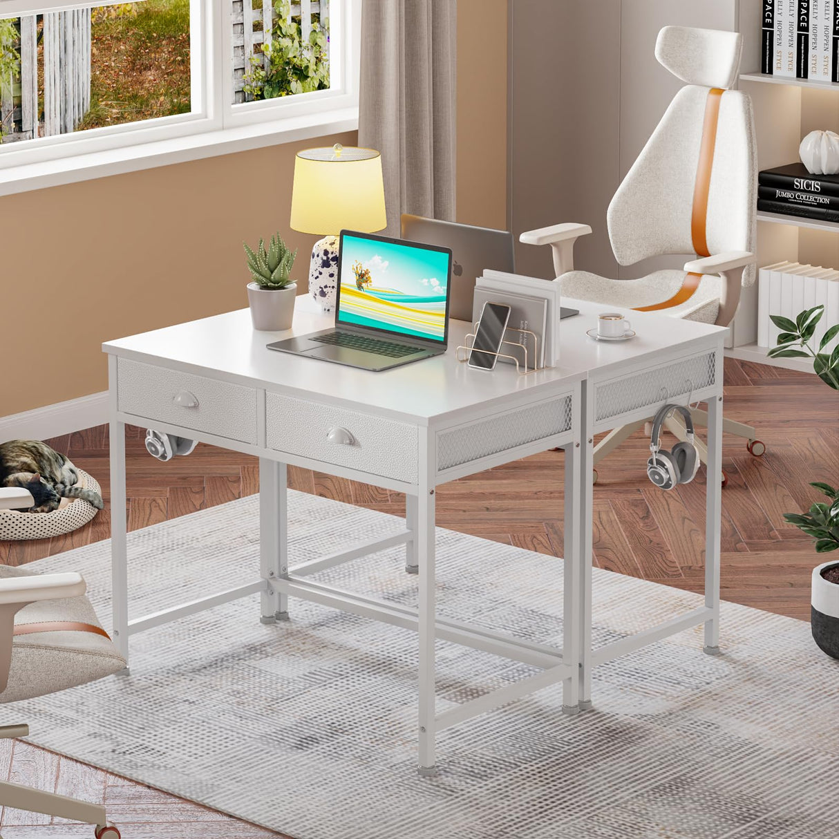 Furologee White Small Computer Desk with 2 Fabric Drawers, 36 Inch Simple Home Office Writing Desk, Vanity Desk with Hooks, Study Desk for Bedroom Small Spaces Furologee