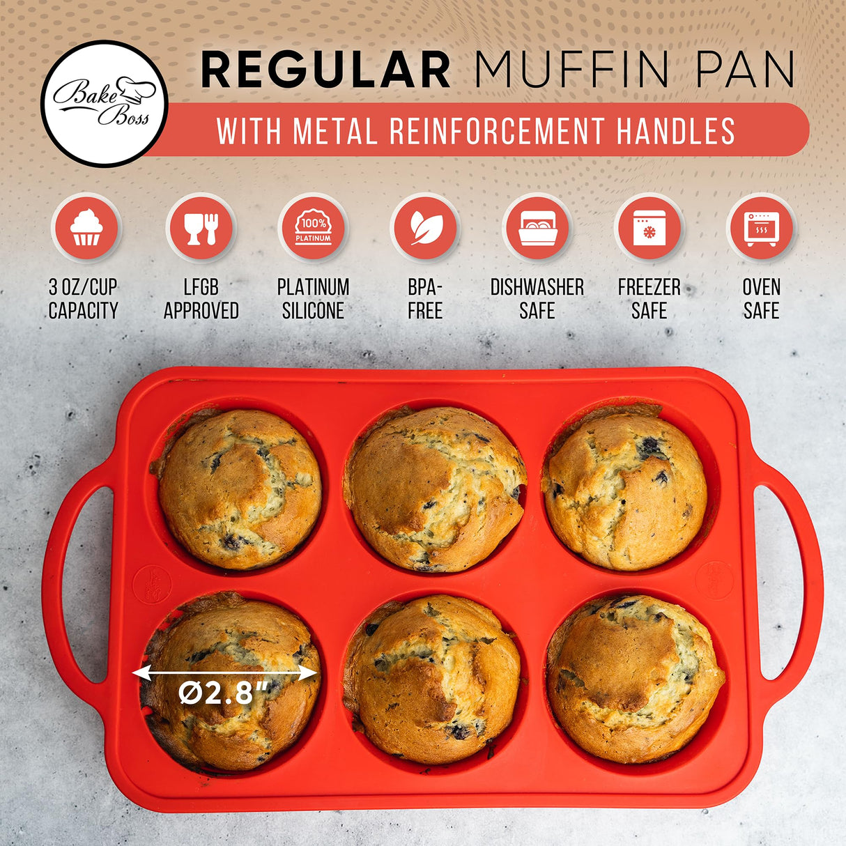 BAKE BOSS Silicone Muffin Pan with Handles, 6 Cup Regular Size Cupcake Pan, Perfect Silicone Muffin cups for Baking Keto Paleo Vegan Muffin Recipes, Nonstick Cupcake Maker Silicone Molds BAKE BOSS