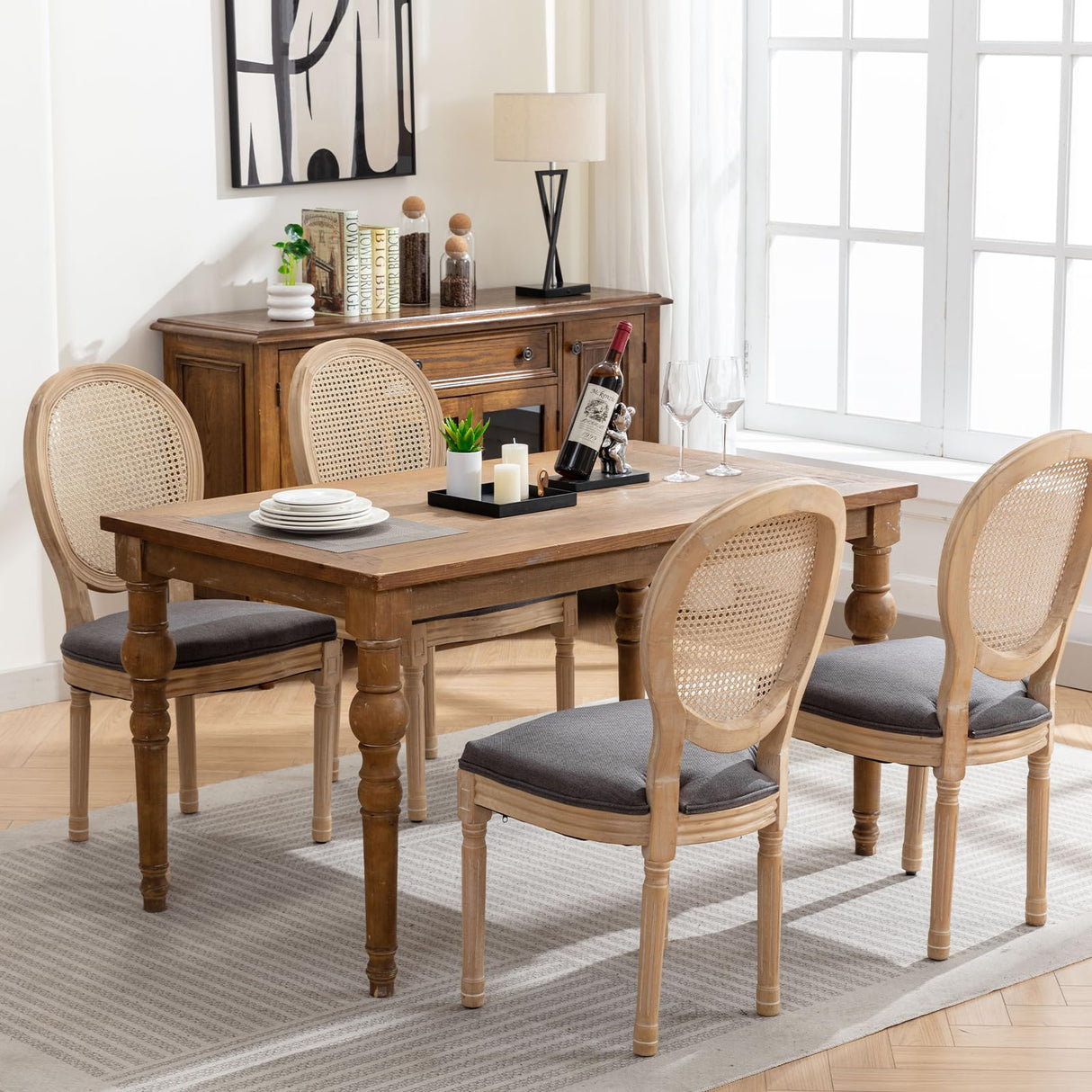 ODUSE-DAILY French Country Dining Chairs Set of 4, Dark Gray Kitchen & Dining Room Chairs Set of 4, Rattan Dining Chairs, Cane Back, Wood Legs, Sillas De Comedor (Rattan,Dark Grey, 4Pcs) ODUSE-DAILY