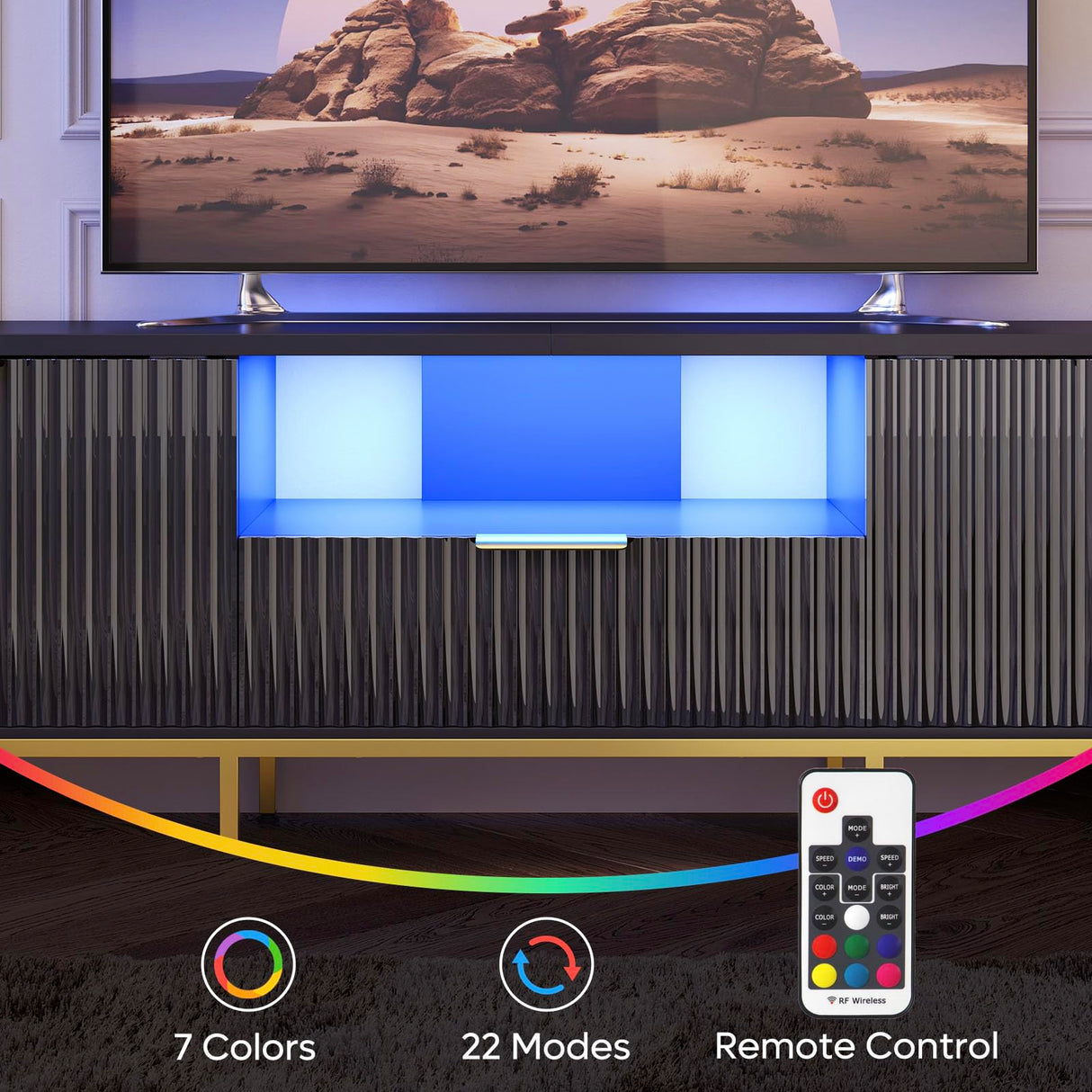 Bestier 70” Fluted TV Stand with LED Lights, Black TV Stand for TVs Up to 80", Modern Entertainment Center with Storage, TV Console, Media Console for Living Room Bedroom Bestier