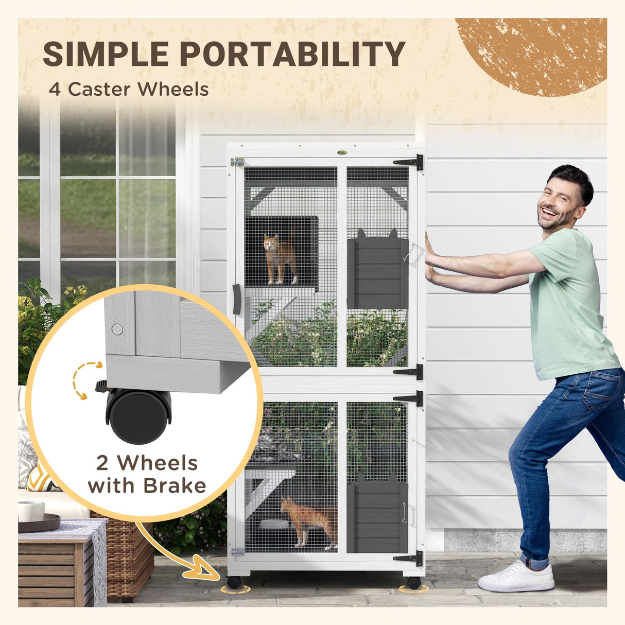 PawHut Wooden Catio with Waterproof Roof, Large Cat House with High-Up Resting Box, Indoor & Outdoor Cat Enclosure with Wheels, for 1-3 Cats, White PawHut