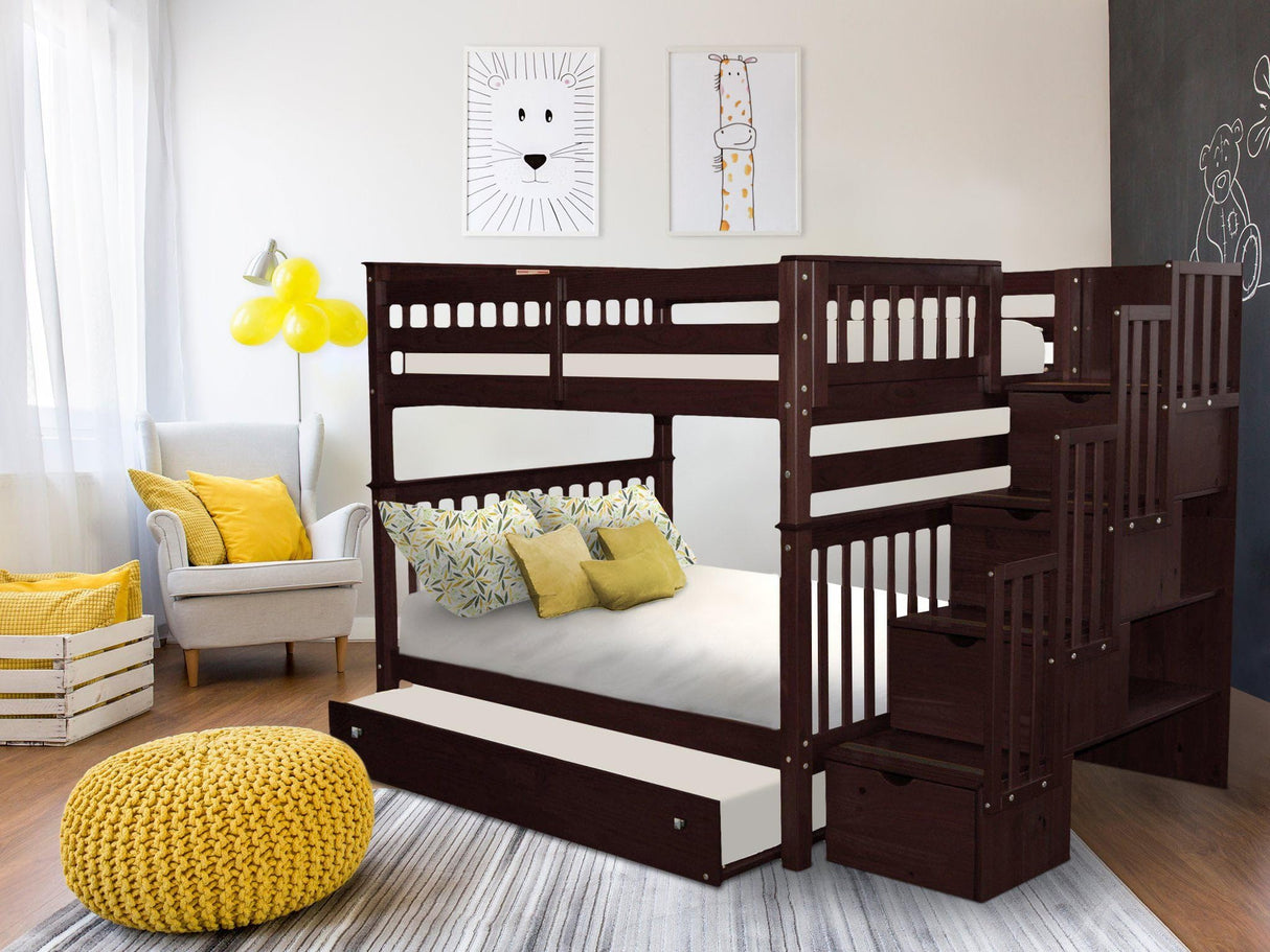 Bedz King Stairway Bunk Beds Full Over Full with 4 Drawers in The Steps and a Twin Trundle, Dark Cherry Bedz King