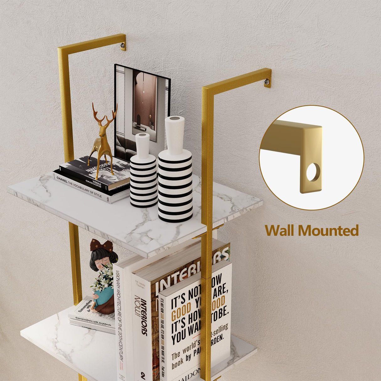 Wolawu Ladder Shelf 4 Tiers Metal Industrial Bookshelf,White Marble Wood Tall Open Storage Rack and Display Shelves,Wall Mount Wide Book Case for Home Office Bedroom,Small Wolawu