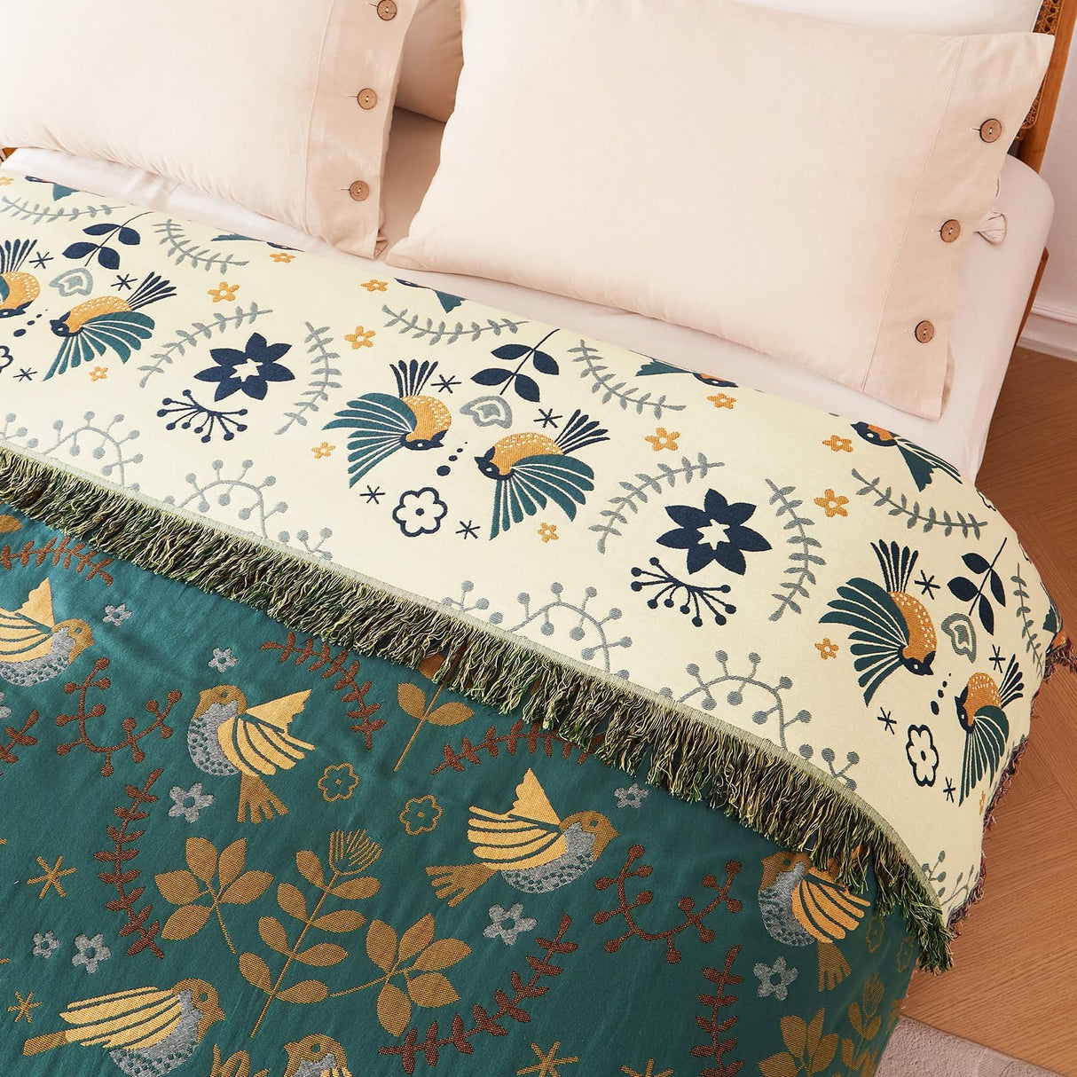 Boho Throw Blanket for Bed 100% Cotton Ultra Soft Rustic Quilt Fall Blanket Bird Floral Printed Farmhouse Decor Large Bed Blankets,60"×80" All Season Rustic Throw for Sofa Couch Chair LUTBM