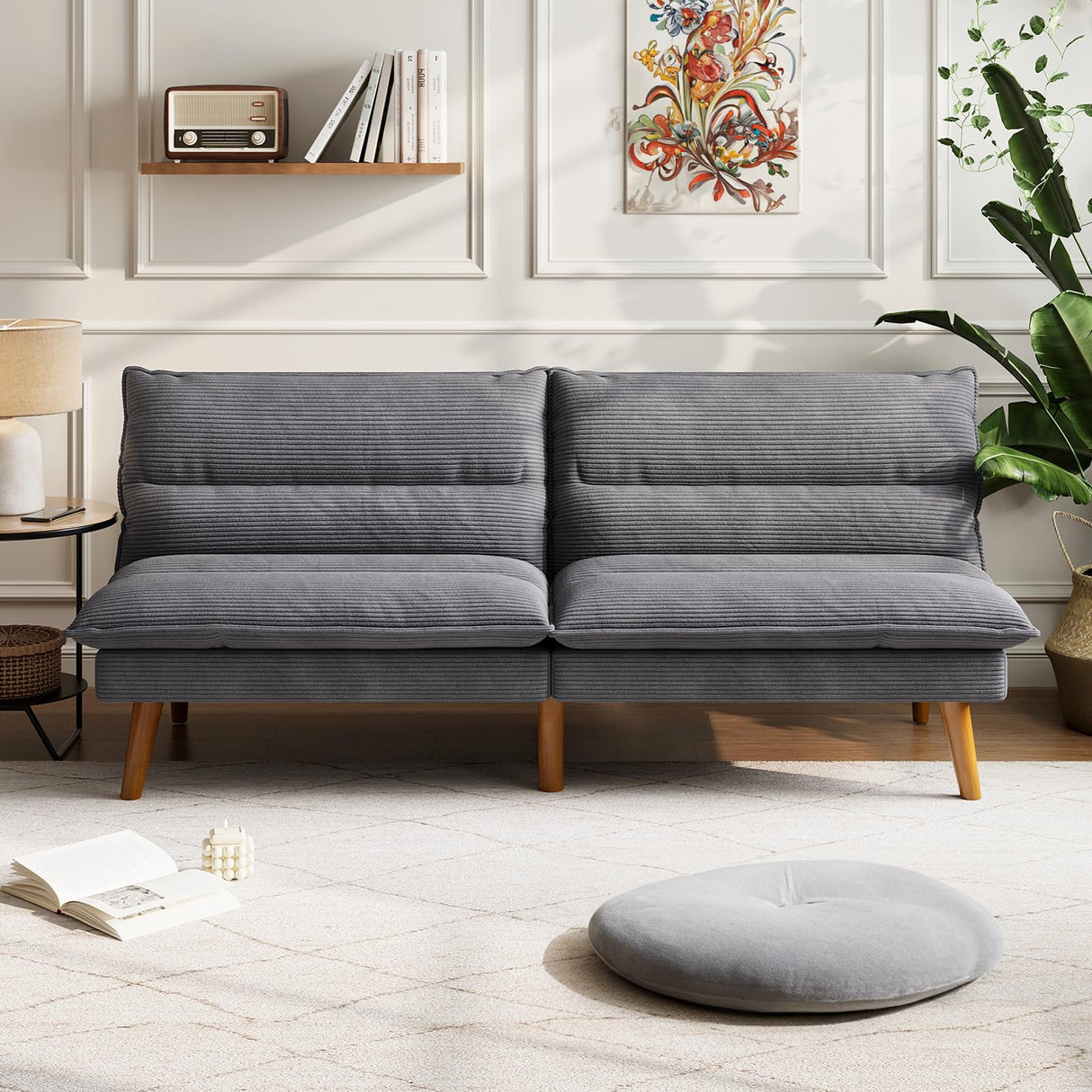 LINSY HOME Futon Sofa Bed - Convertible Corduroy Futon Couch Bed with Adjustable Backrest, Modern Small Loveseat Sleeper Sofa for Small Spaces, Living Room, Apartment or Office (Grey) LINSY HOME