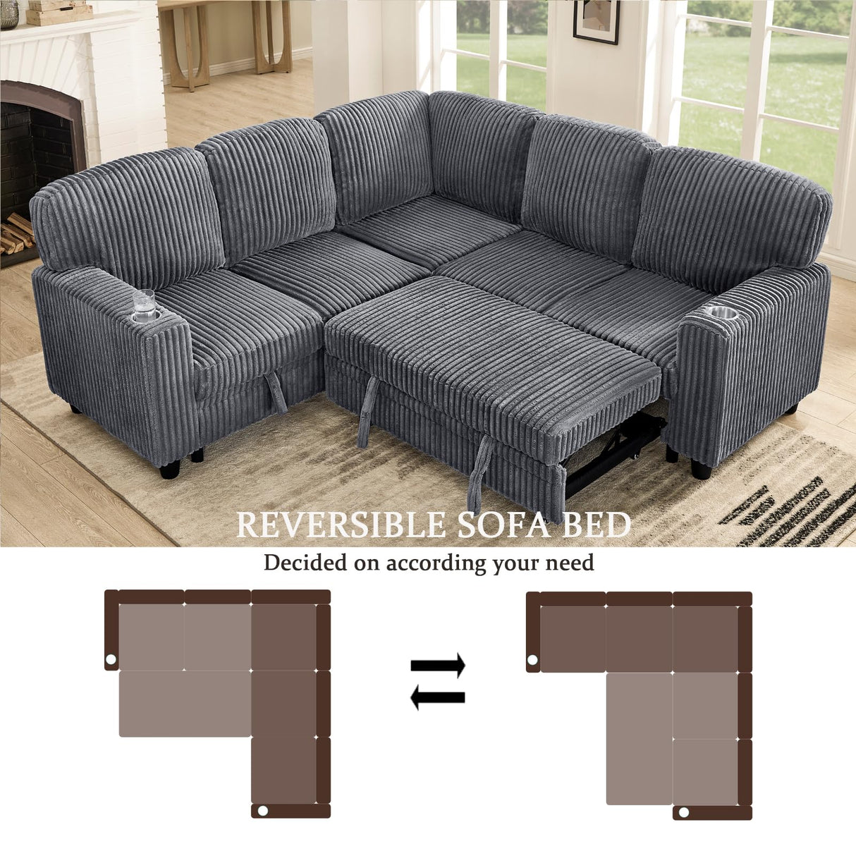 Ball & Cast L-Shaped Sleeper Sofa Bed,5 Seater Sectional Couch with Pull Out Bed and USB Charging,Cupholders & Storage Seats,Convertible Sofa Bed for Living Room,Apartment,Corduroy Fabric,Gray,81" Ball & Cast