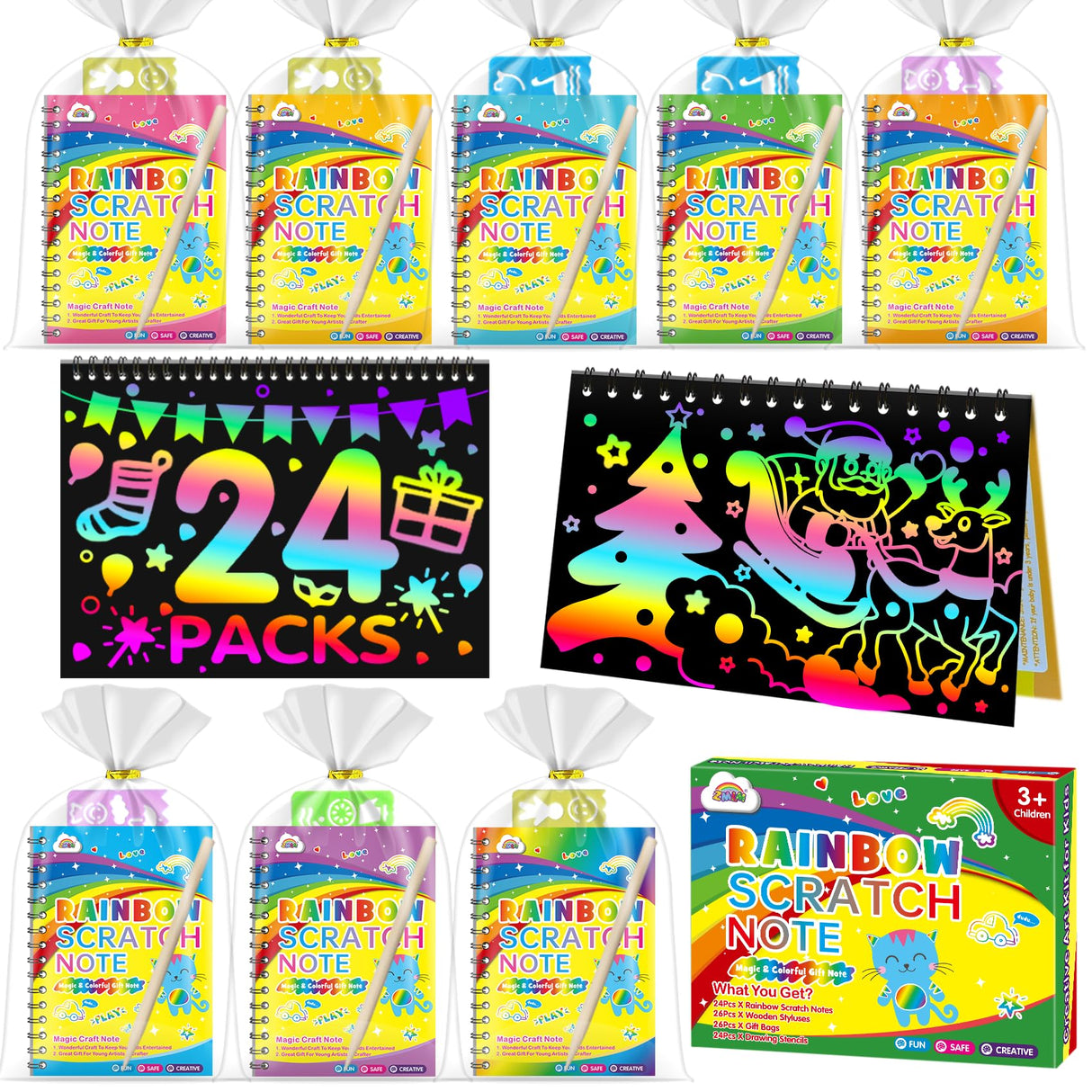 ZMLM Rainbow Scratch Party Favors Kids: Birthday Gifts Toy Bulk Scratch Art Notebook 24 Pack Birthday Goodie Bags Stuffers Girls Boys Art Craft Kit Pads Classroom Prizes School Supplies Teacher Return ZMLM