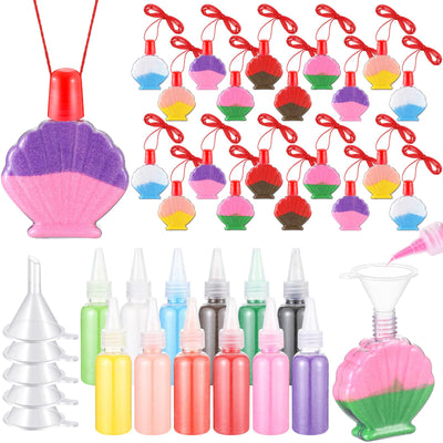 Sliner 37 Pcs Sand Art Kits Create Your Own Colored Sand Art 20 Shell Sand Art Bottle Necklace 12 Colored Art Sand 5 Mini Funnels for DIY Arts and Crafts, Wedding, Birthday Painting Party Favors Bulk