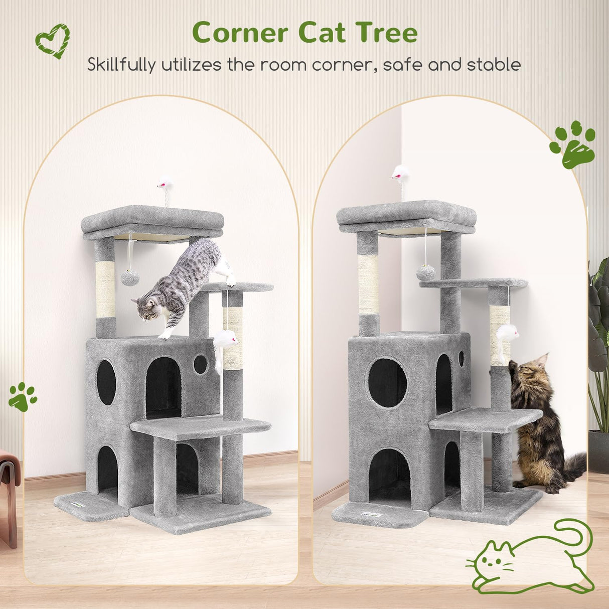 Globlazer FC50 Cat Tree Tower for Indoor Cats, 50-inch Adult Cat Tree House for Large Adult Cats with Steps, Scratching Post, 2 Cat Caves, Dangling Toys, Light Grey Globlazer