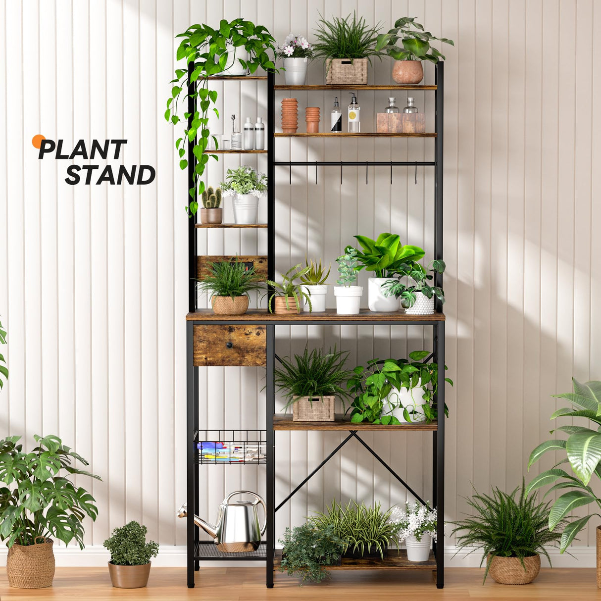 Artswish 72" Bakers Rack with Power Outlet, 8-Tier Freestanding Baker Racks Microwave Stand with Drawer, Coffee Bar Station with Basket and 10 S Hooks, Kitchen Appliance Shelves Rack, Rustic Brown Artswish