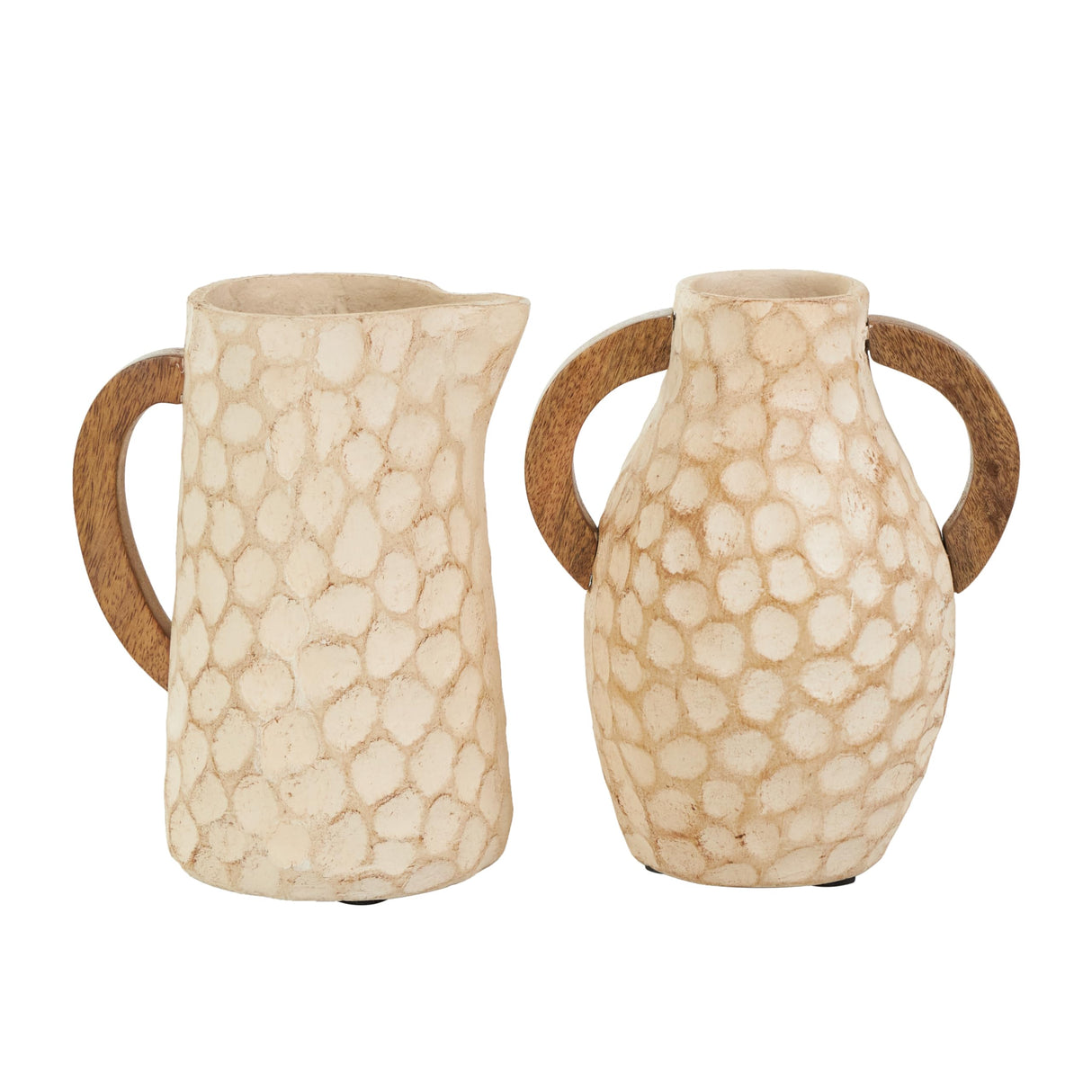 Deco 79 Paper Mache Decorative Vase Honeycomb Inspired Jug Centerpiece Vases with Brown Wooden Handles, Set of 2 Flower Vases for Home Decoration 6" W,9" H, Beige Deco 79
