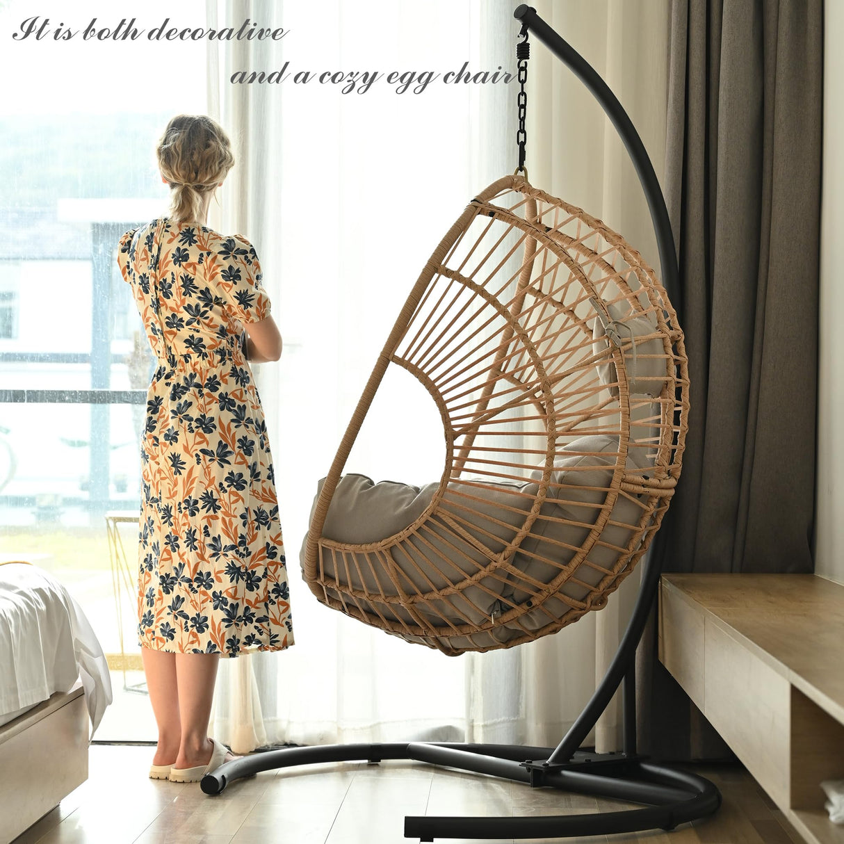 Breezluxe Hanging Egg Chair with Stand - Egg Swing Chair Outdoor Indoor Patio Wicker Chair Swing Hammock Egg Chairs 400lbs Capacity for Outside Patio, Bedroom, Garden and Balcony (Biege) 1 Breezluxe